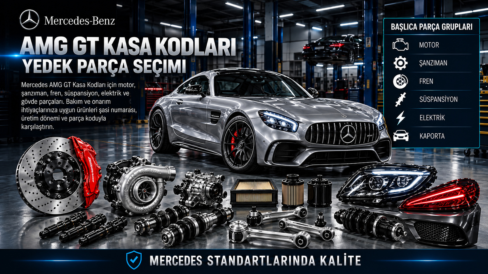 Mercedes AMG GT kasa ve gövde seçeneklerine göre motor, fren, aktarma ve süspansiyon parçaları