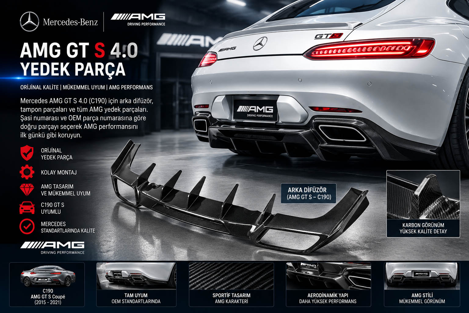 Mercedes AMG GT S 4.0 C190 M178 V8 Biturbo motor turbo fren süspansiyon ve yedek parçaları