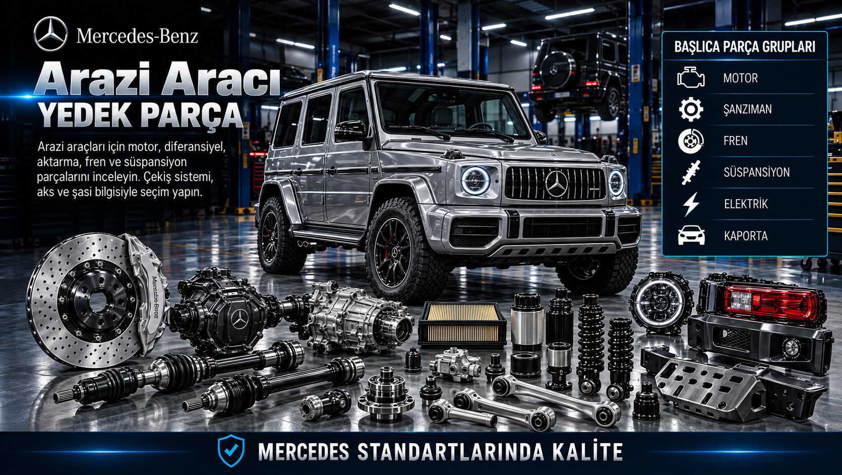 Mercedes Arazi Aracı Yedek Parçaları: motor, aktarma, fren, süspansiyon ve gövde parçaları