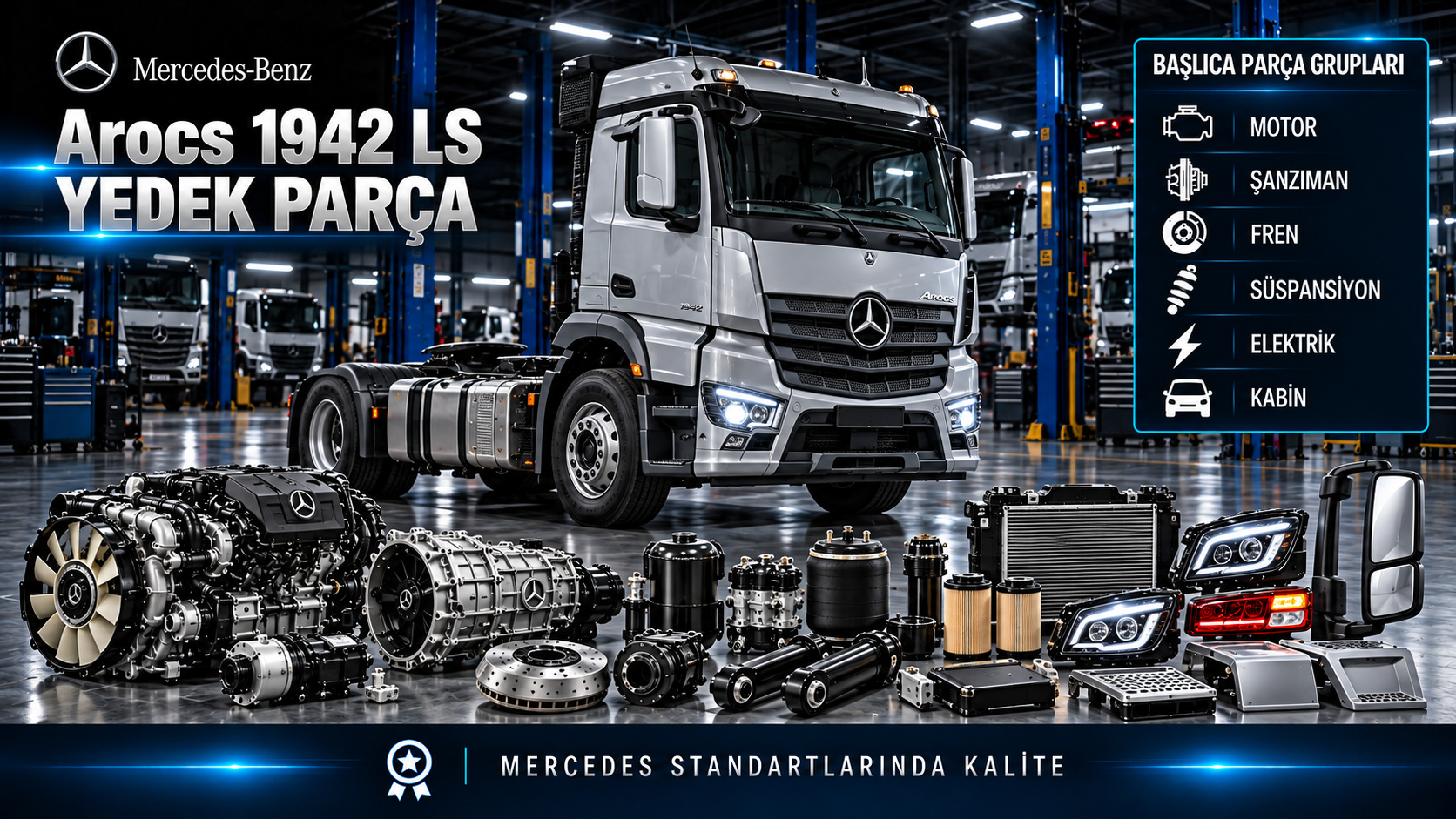 Mercedes-Benz Arocs 1942 LS çekici için motor, fren, aktarma, çalışma ekipmanı ve kabin parçaları