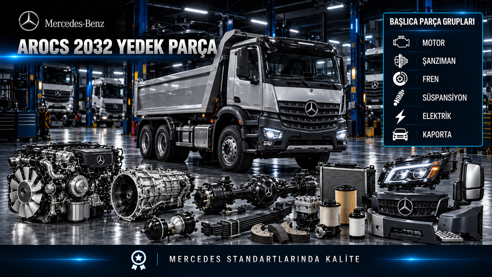 Mercedes-Benz Arocs 2032 için dizel motor, aktarma, ticari araç fren sistemi, süspansiyon ve kabin parçalarını gösteren kategori görseli