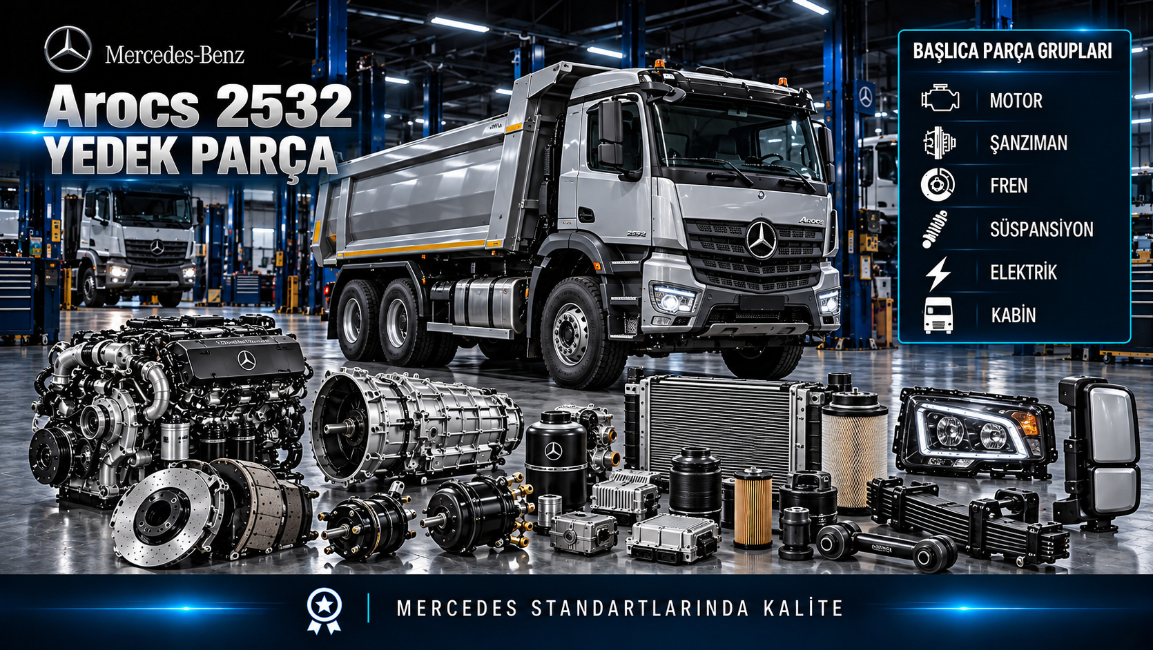 Mercedes-Benz Arocs 2532 için motor, bakım, fren, şasi, aktarma ve kabin parçaları