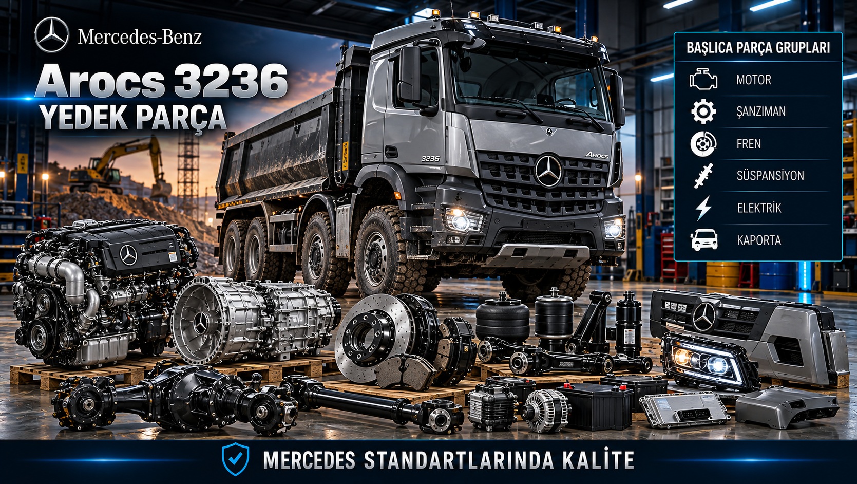 Mercedes-Benz Arocs 3236 motor, aktarma, fren, şasi ve kabin yedek parçaları