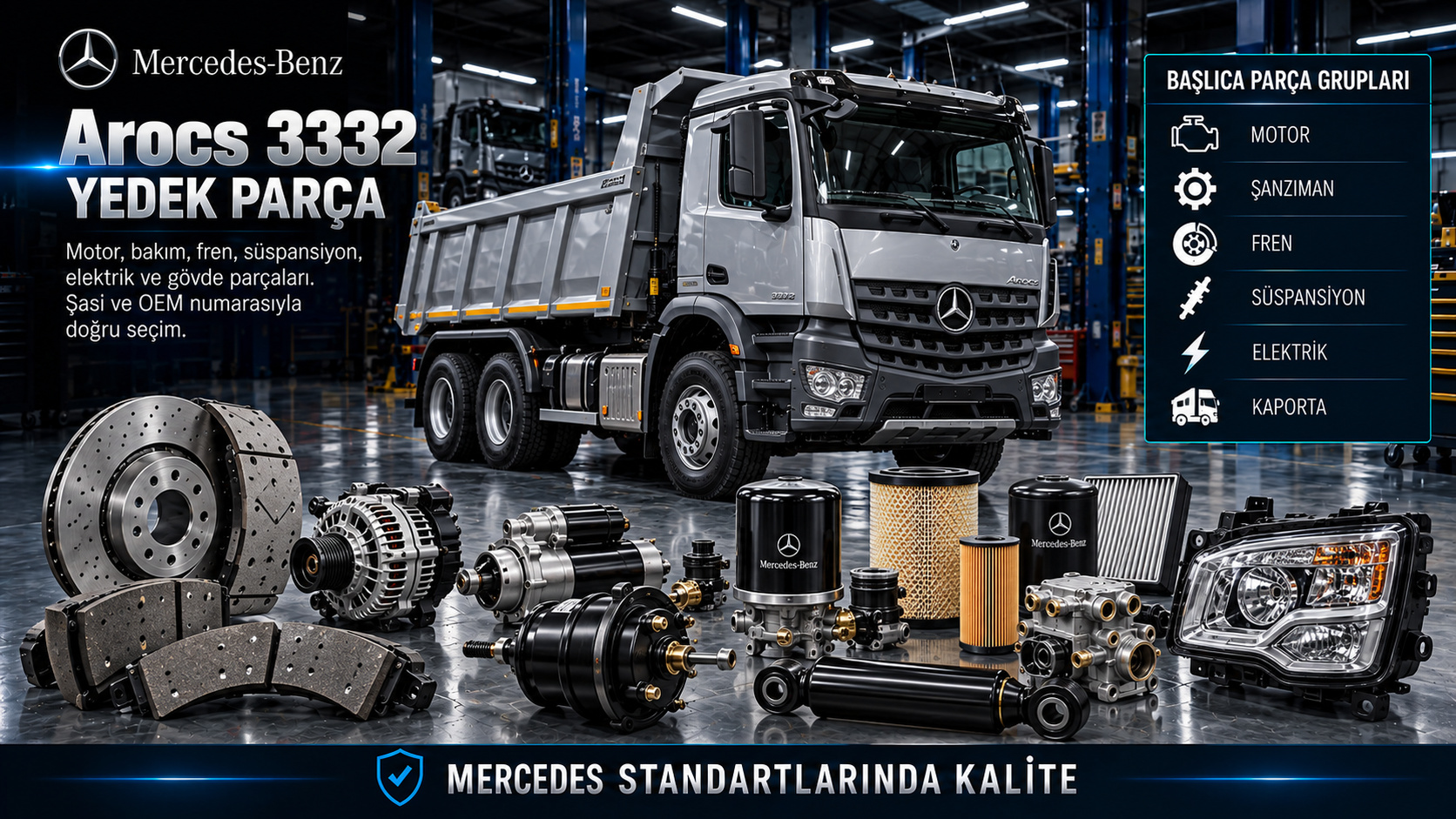 Mercedes Arocs 3332 inşaat kamyonu motor, şanzıman, fren, aks ve süspansiyon yedek parçaları