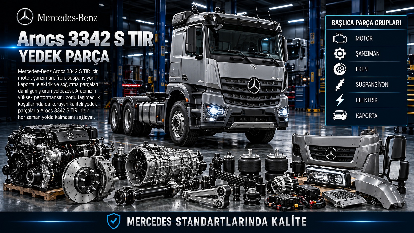 Mercedes-Benz Arocs 3342 S çekici için motor, aktarma, fren ve şasi parçaları