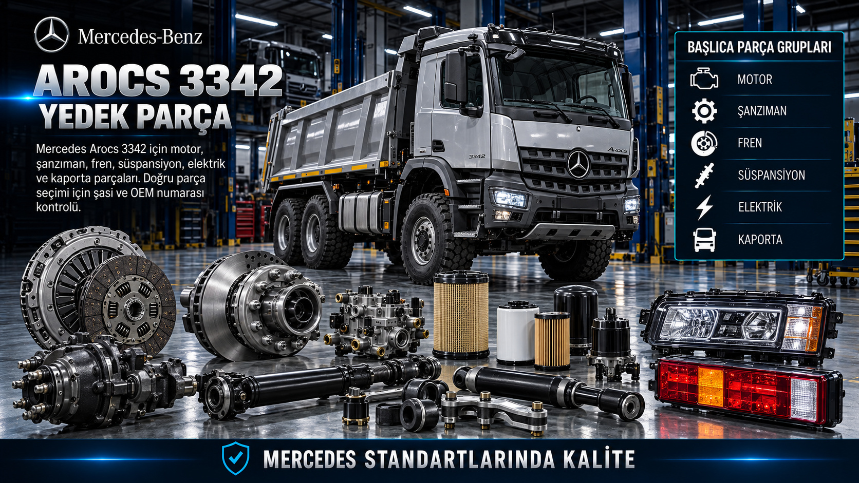 Mercedes Arocs 3342 motor, aks, fren ve şantiye aracı parçaları