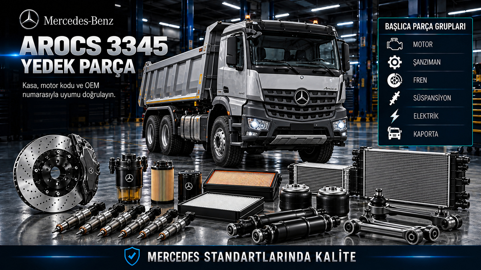 Mercedes Arocs 3345 ağır vasıta dizel motor, şasi, aks, fren ve üstyapı bağlantı parçaları
