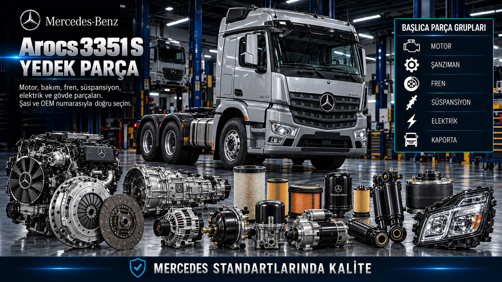 Mercedes Arocs 3351 S ağır hizmet çekici motor, şanzıman, aks, fren ve kabin yedek parçaları