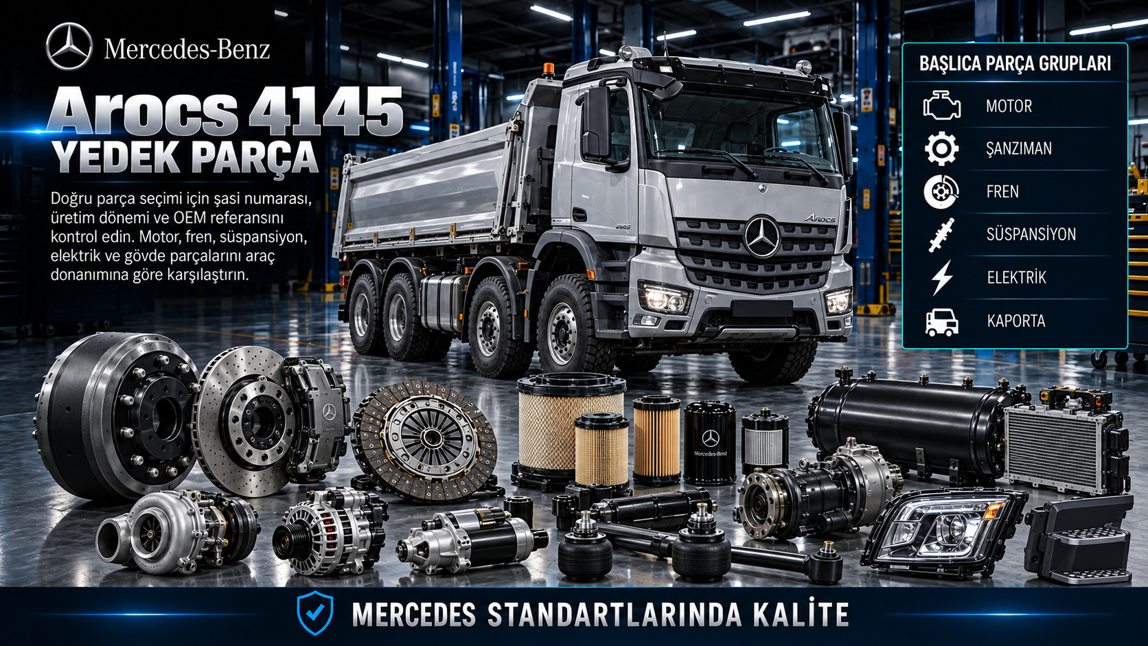 Mercedes Arocs 4145 Yedek Parça: araç ve ilgili motor, fren, süspansiyon, elektrik ve gövde parçaları