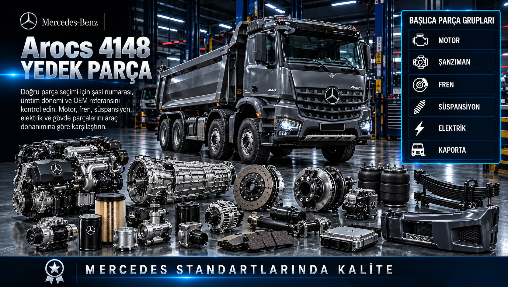 Mercedes Arocs 4148 Yedek Parça: motor, aktarma, fren, süspansiyon ve gövde parçaları