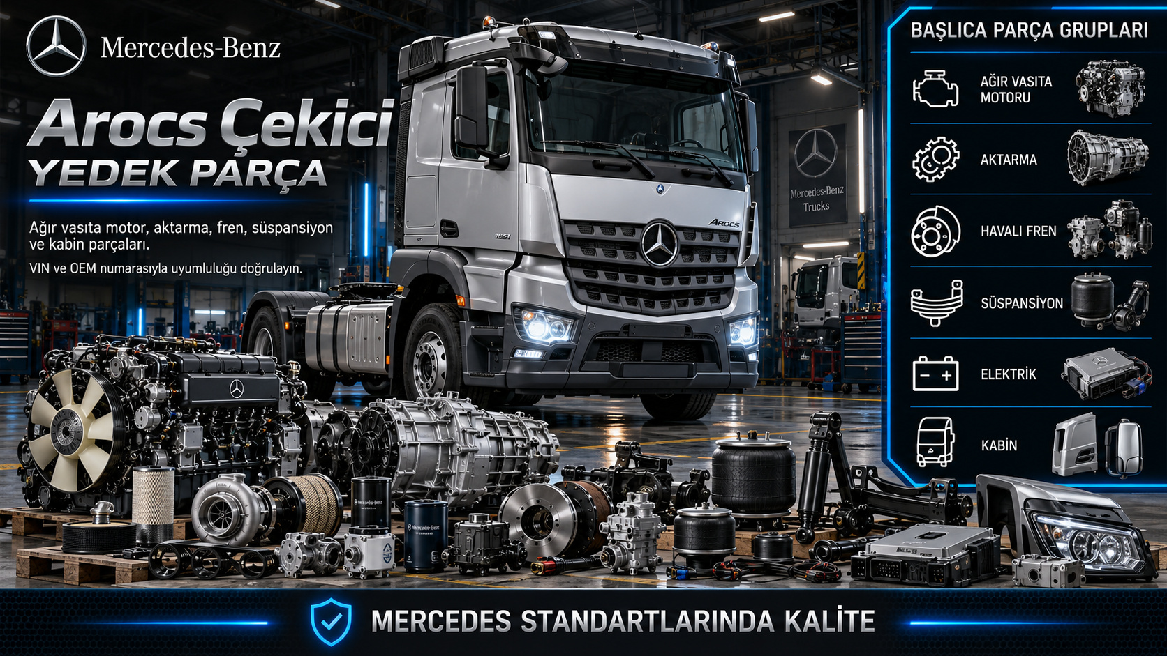 Mercedes Arocs çekici için ağır vasıta motor, aktarma, fren, süspansiyon ve kabin parçaları
