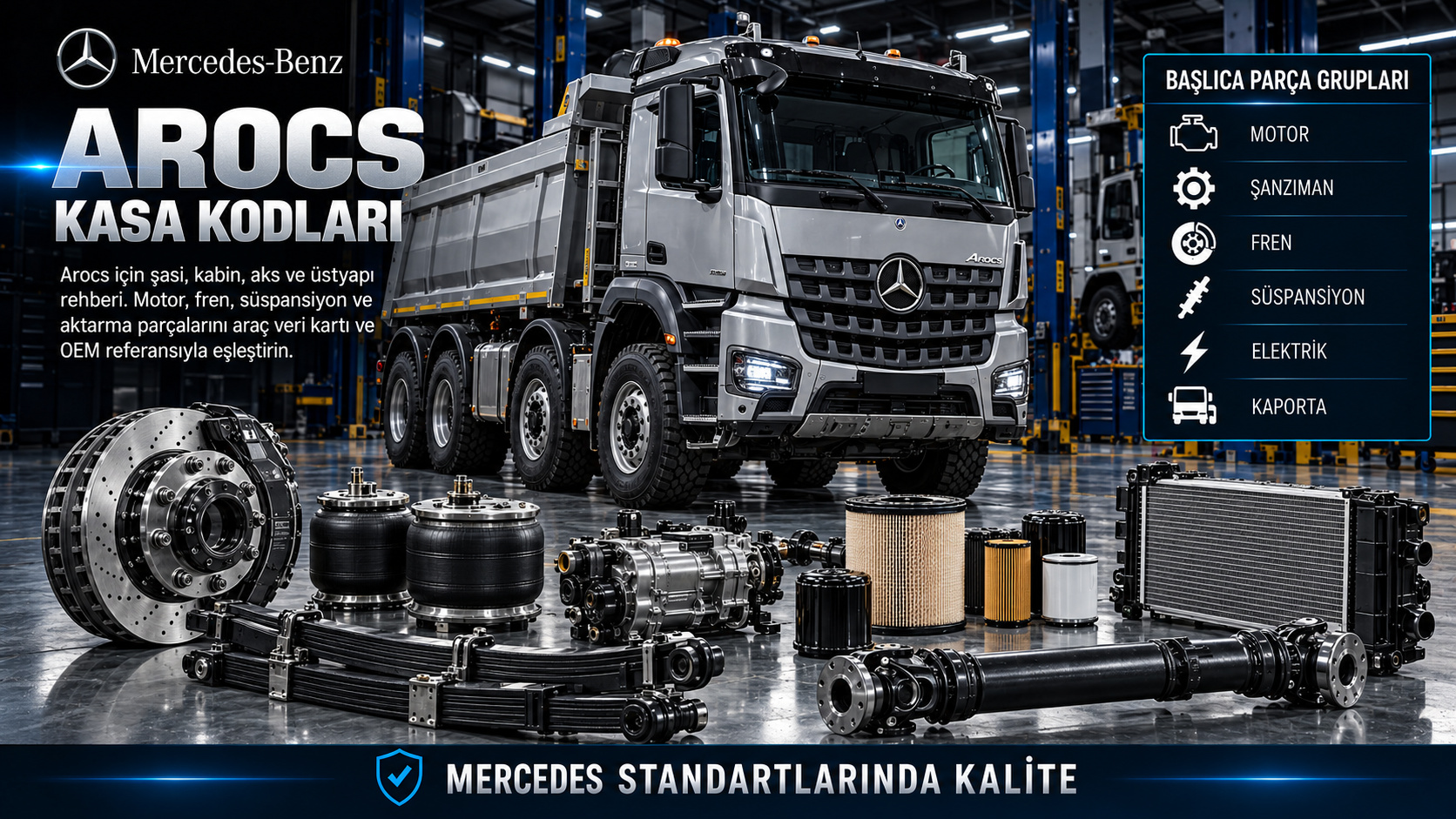 Mercedes-Benz Arocs ağır hizmet kamyonu ve parça gruplarını gösteren kategori görseli