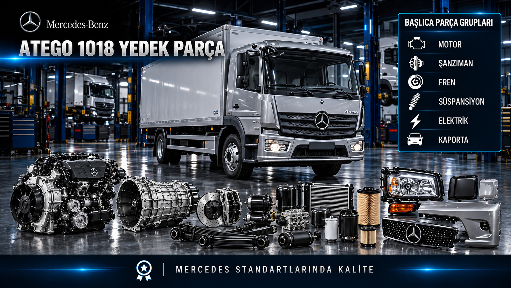 Mercedes-Benz Atego 1018 kamyon için motor, bakım filtresi, şanzıman, fren, süspansiyon ve kabin parçalarını gösteren kategori görseli