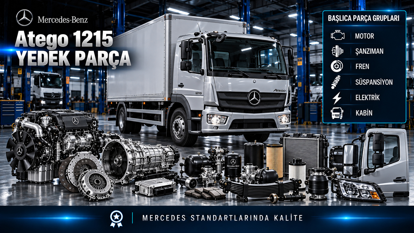 Mercedes-Benz Atego 1215 kamyon için motor, filtre, fren, süspansiyon ve kabin parçaları