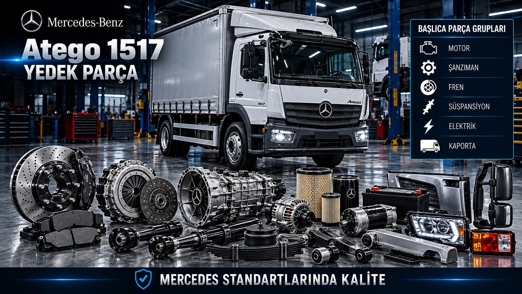 Mercedes-Benz Atego 1517 motor, bakım, fren, aktarma ve kabin parçaları