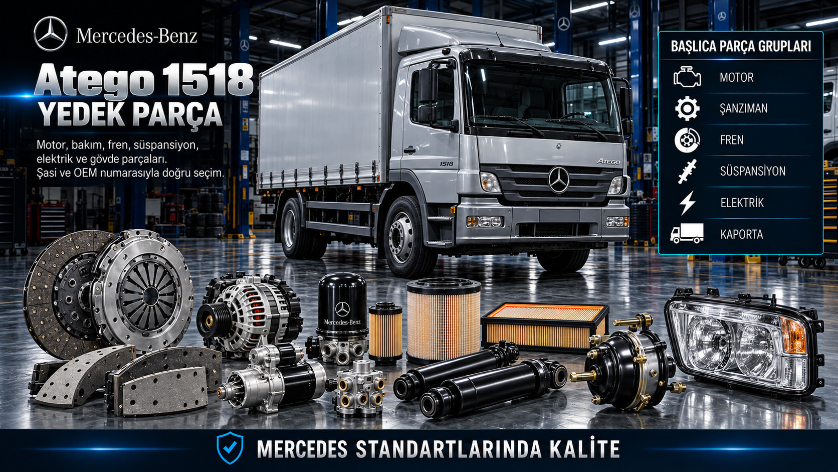 Mercedes Atego 1518 dağıtım kamyonu motor, şanzıman, fren, süspansiyon ve kabin yedek parçaları