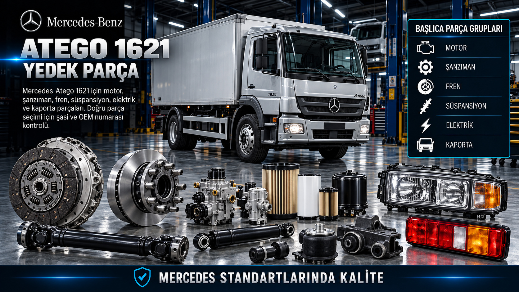 Mercedes Atego 1621 motor, debriyaj, hava sistemi ve kabin parçaları