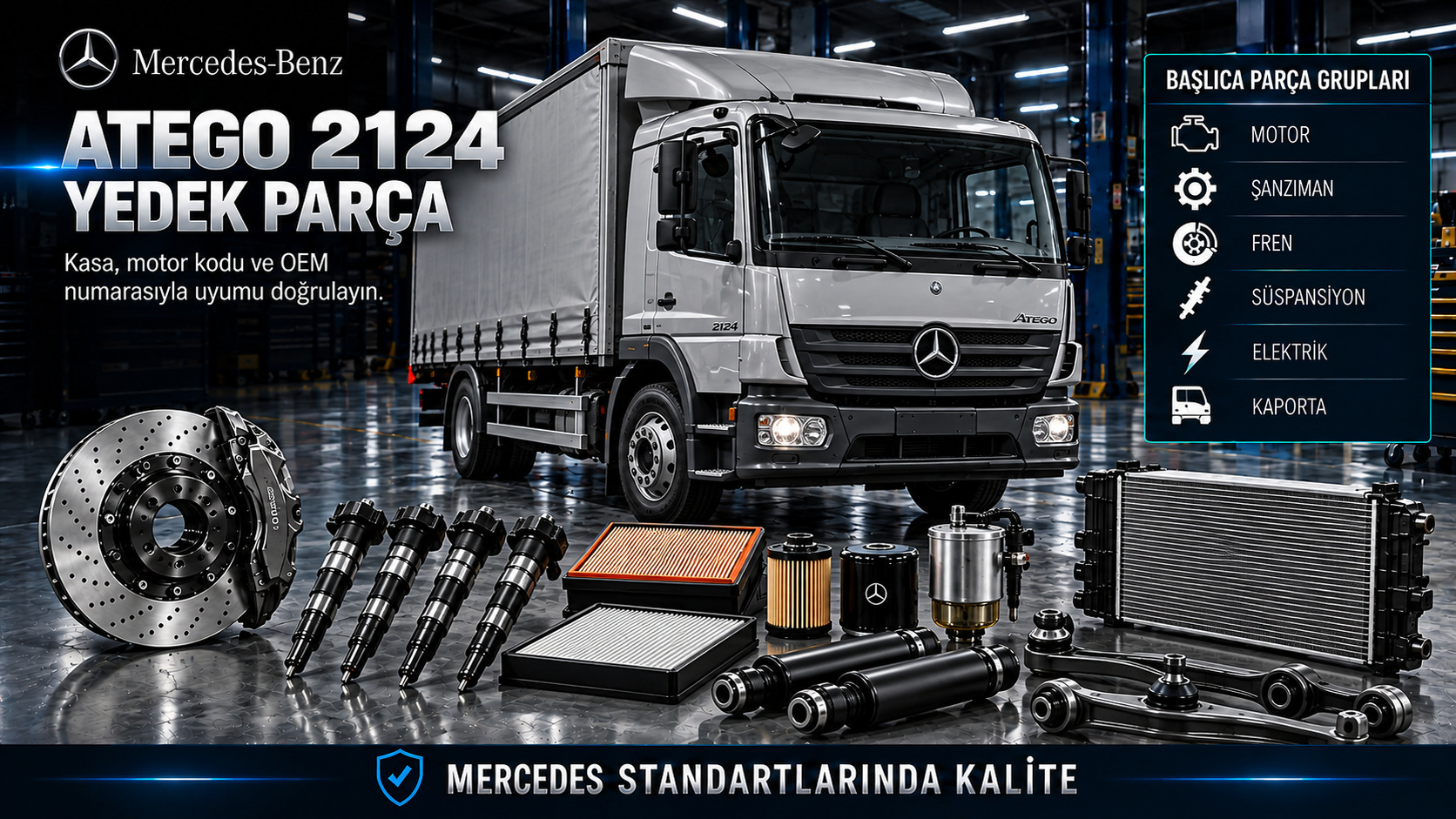 Mercedes Atego 2124 kamyon motor bakım, şanzıman, hava sistemi, fren ve kabin parçaları