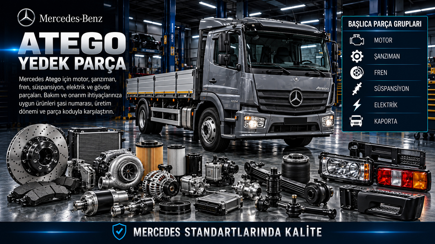 Mercedes Atego ticari araç motor, debriyaj, hava freni, süspansiyon ve kabin parçaları