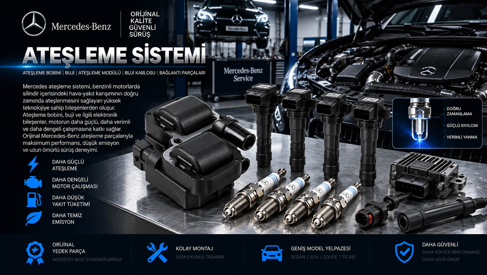 Mercedes ateşleme sistemi, ateşleme bobini, buji ve ignition coil parçaları