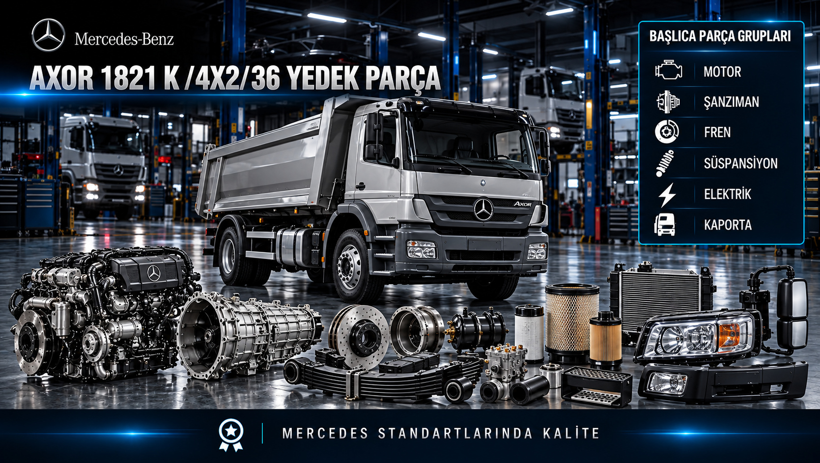 Mercedes-Benz Axor 1821 K 4x2 36 için motor, şanzıman, fren, şasi ve kabin yedek parçalarını gösteren kategori görseli