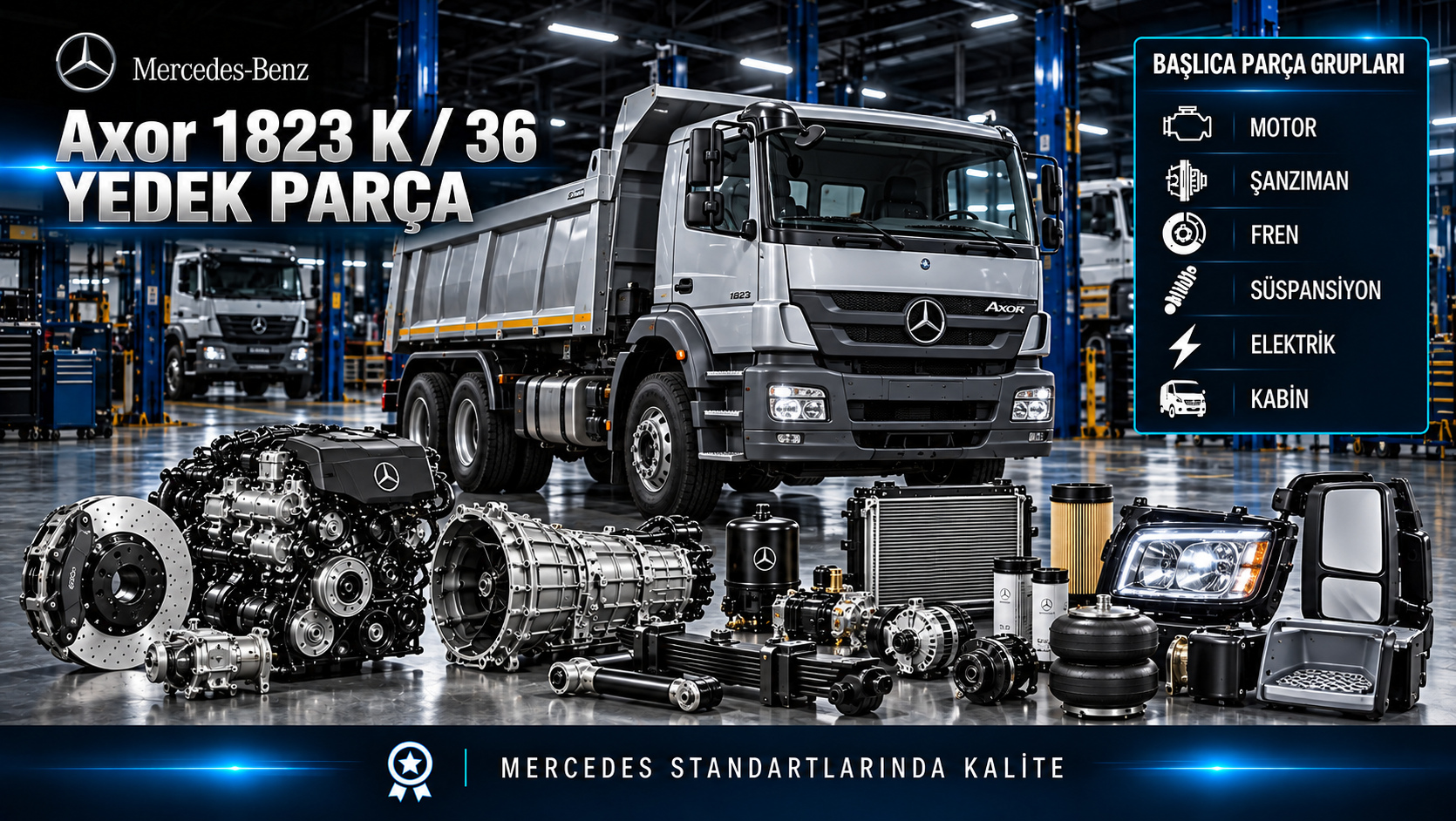 Mercedes-Benz Axor 1823 K 36 için motor, bakım, fren, şasi, aktarma ve kabin parçaları