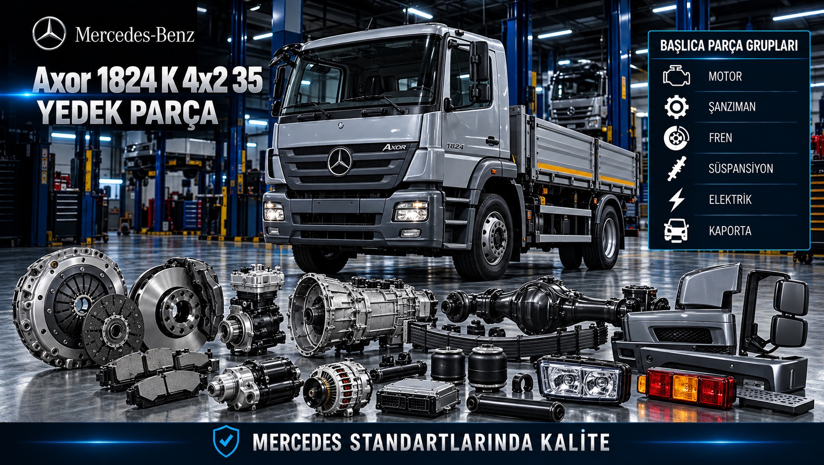 Mercedes-Benz Axor 1824 K 4x2 35 motor, şanzıman, fren ve şasi yedek parçaları
