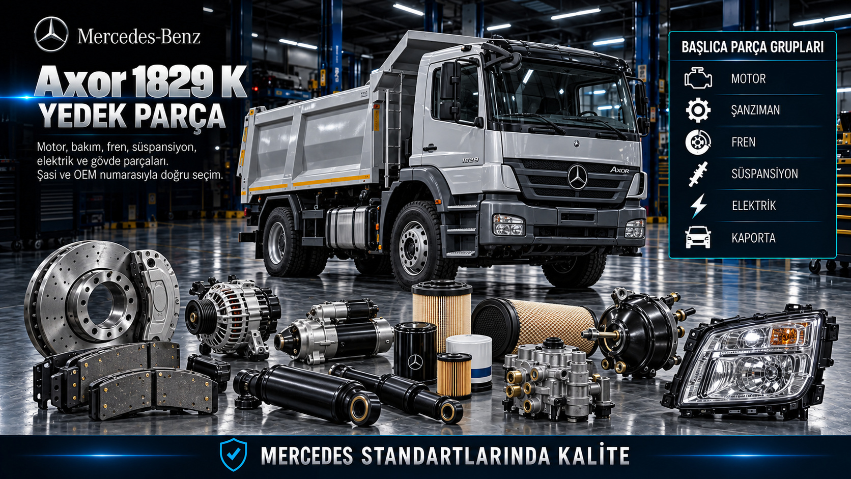 Mercedes Axor 1829 K damper kamyonu motor, şanzıman, fren, aks ve kabin yedek parçaları