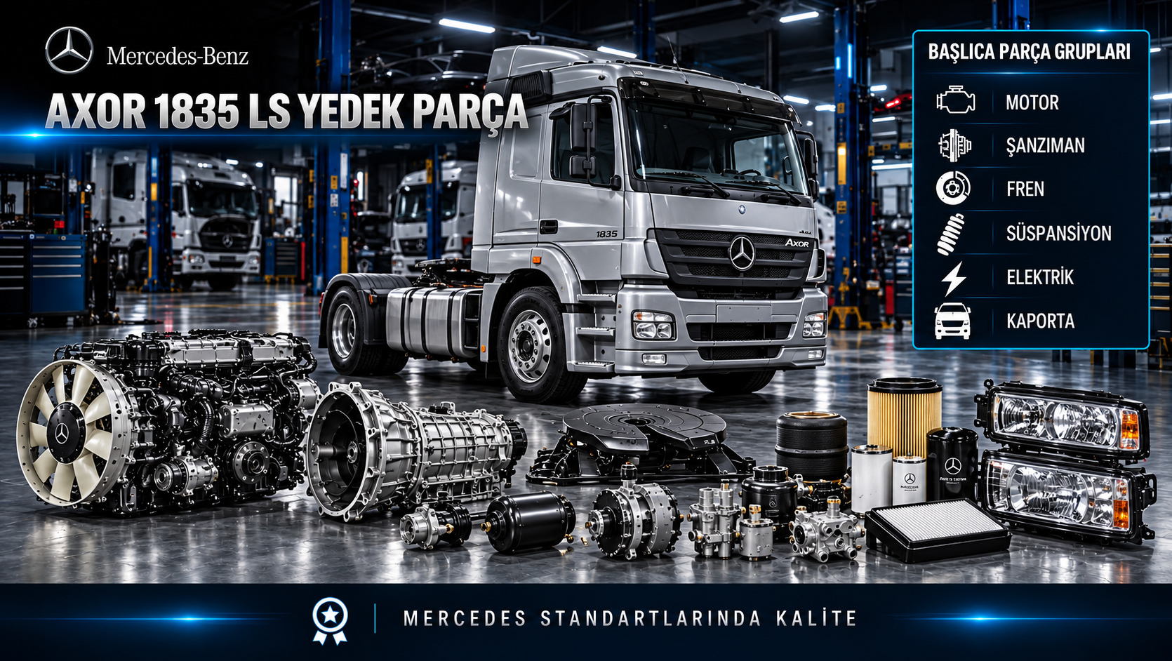 Mercedes-Benz Axor 1835 LS çekici için motor, şanzıman, fren, süspansiyon, filtre ve kabin parçalarını gösteren kategori görseli