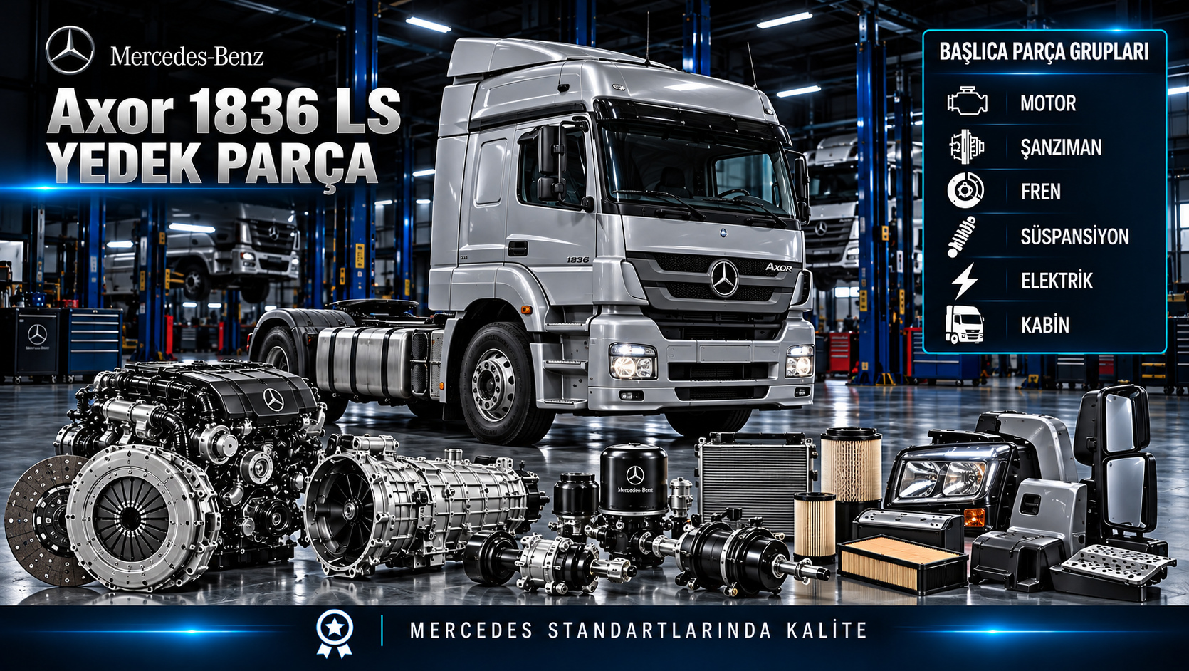 Mercedes-Benz Axor 1836 LS çekici için motor, bakım, hava fren, aktarma ve kabin parçaları