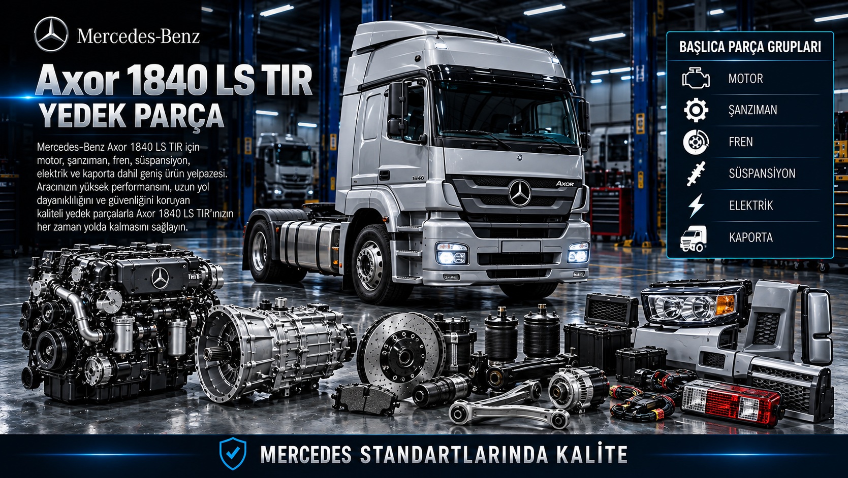 Mercedes-Benz Axor 1840 LS çekici için motor, debriyaj, fren ve kabin parçaları
