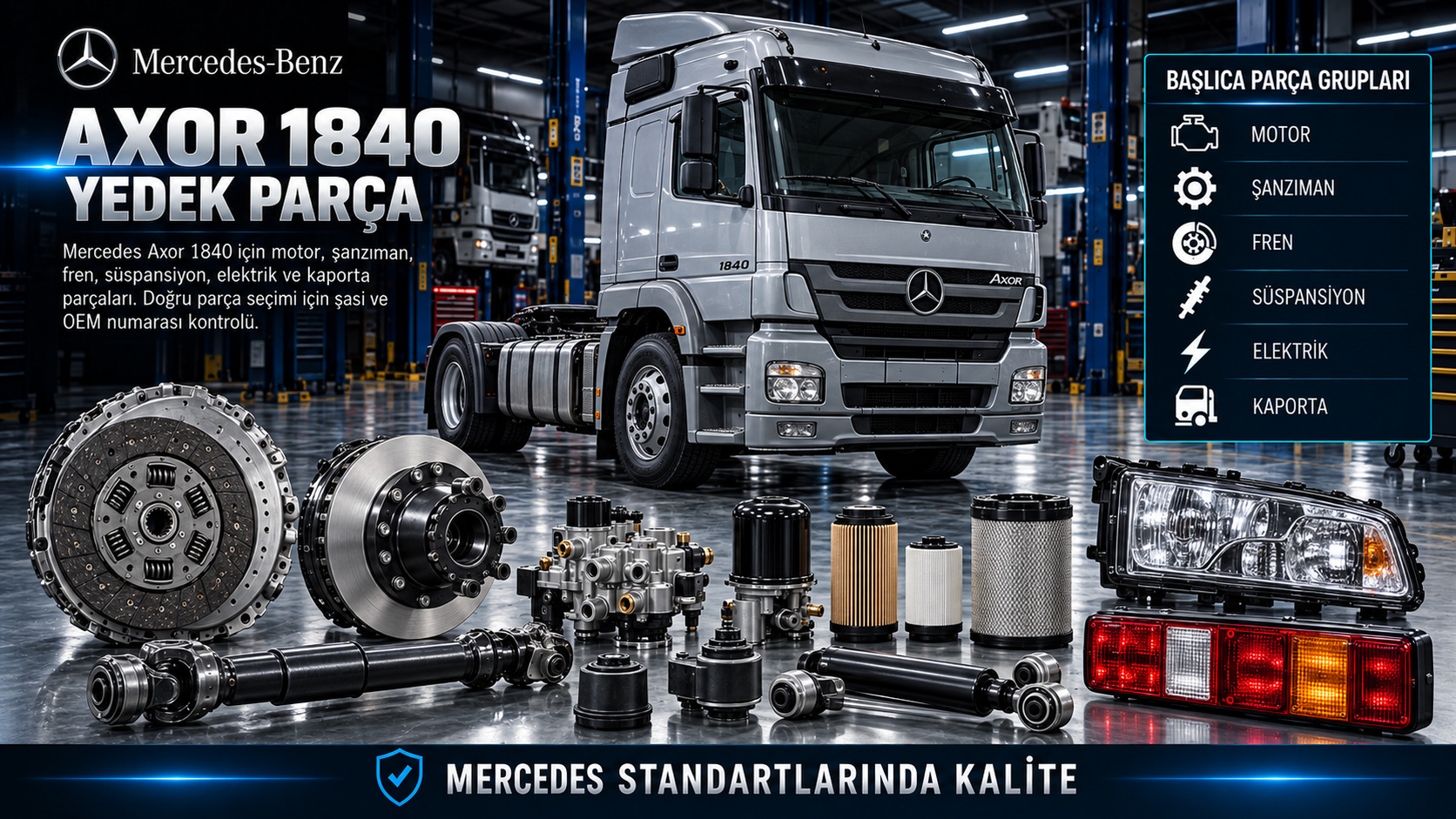 Mercedes Axor 1840 motor, şanzıman, fren ve hava sistemi parçaları