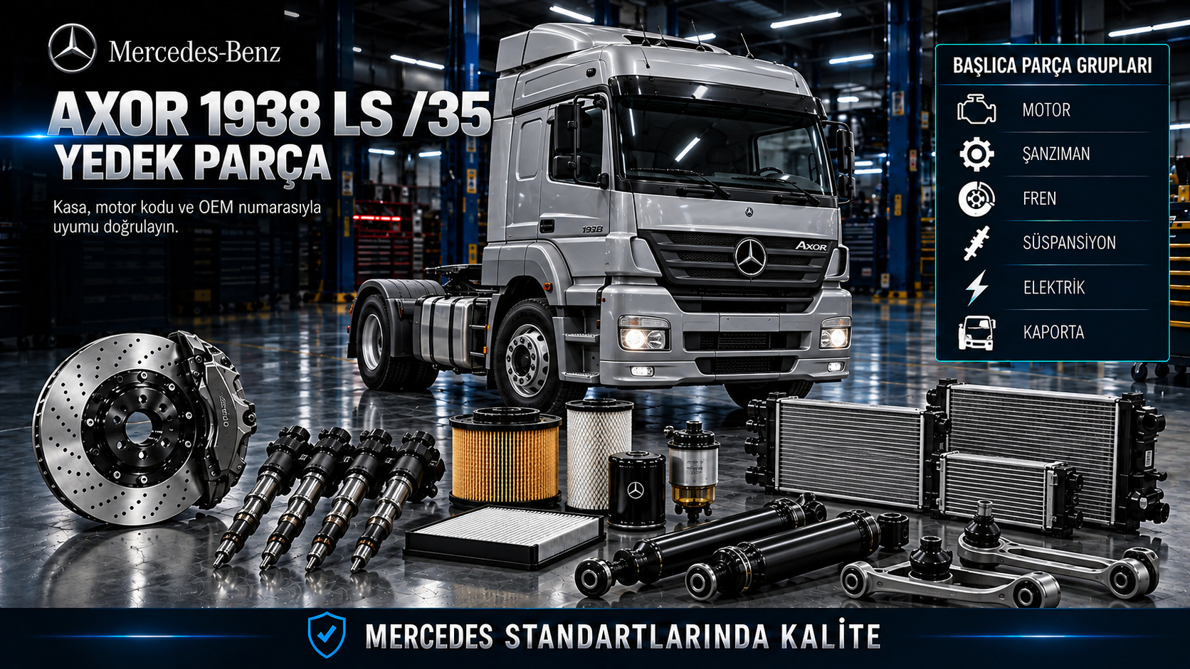 Mercedes Axor 1938 LS /35 çekici motor, debriyaj, aktarma, hava sistemi ve kabin parçaları
