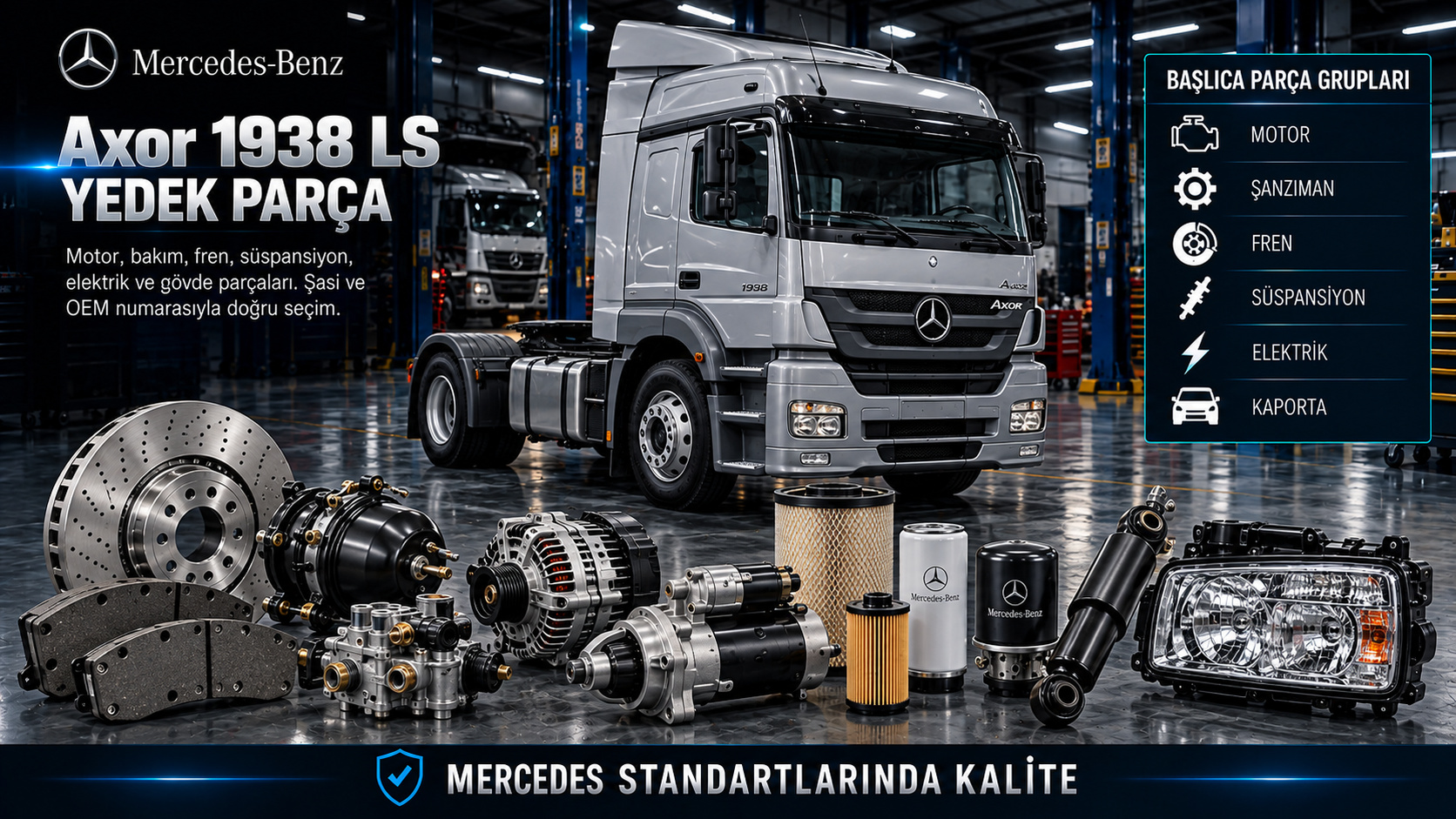 Mercedes Axor 1938 LS çekici motor, şanzıman, fren, süspansiyon ve kabin yedek parçaları