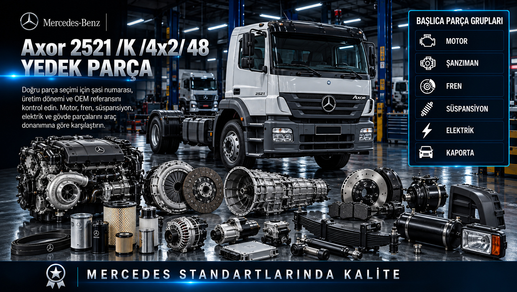 Mercedes Axor 2521 /K /4x2/ 48 Yedek Parça: motor, aktarma, fren, süspansiyon ve gövde parçaları