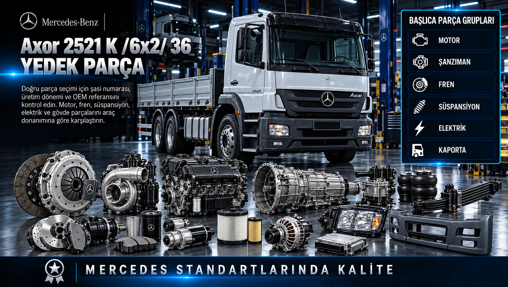 Mercedes Axor 2521 K /6x2/ 36 Yedek Parça: motor, aktarma, fren, süspansiyon ve gövde parçaları