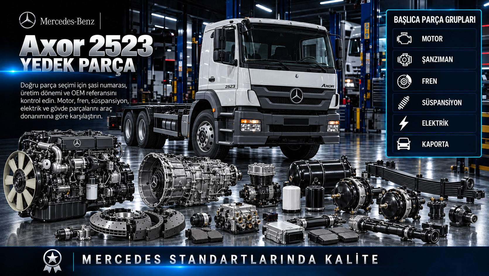 Mercedes Axor 2523 motor, debriyaj, kardan, havalı fren, aks ve kabin parçaları