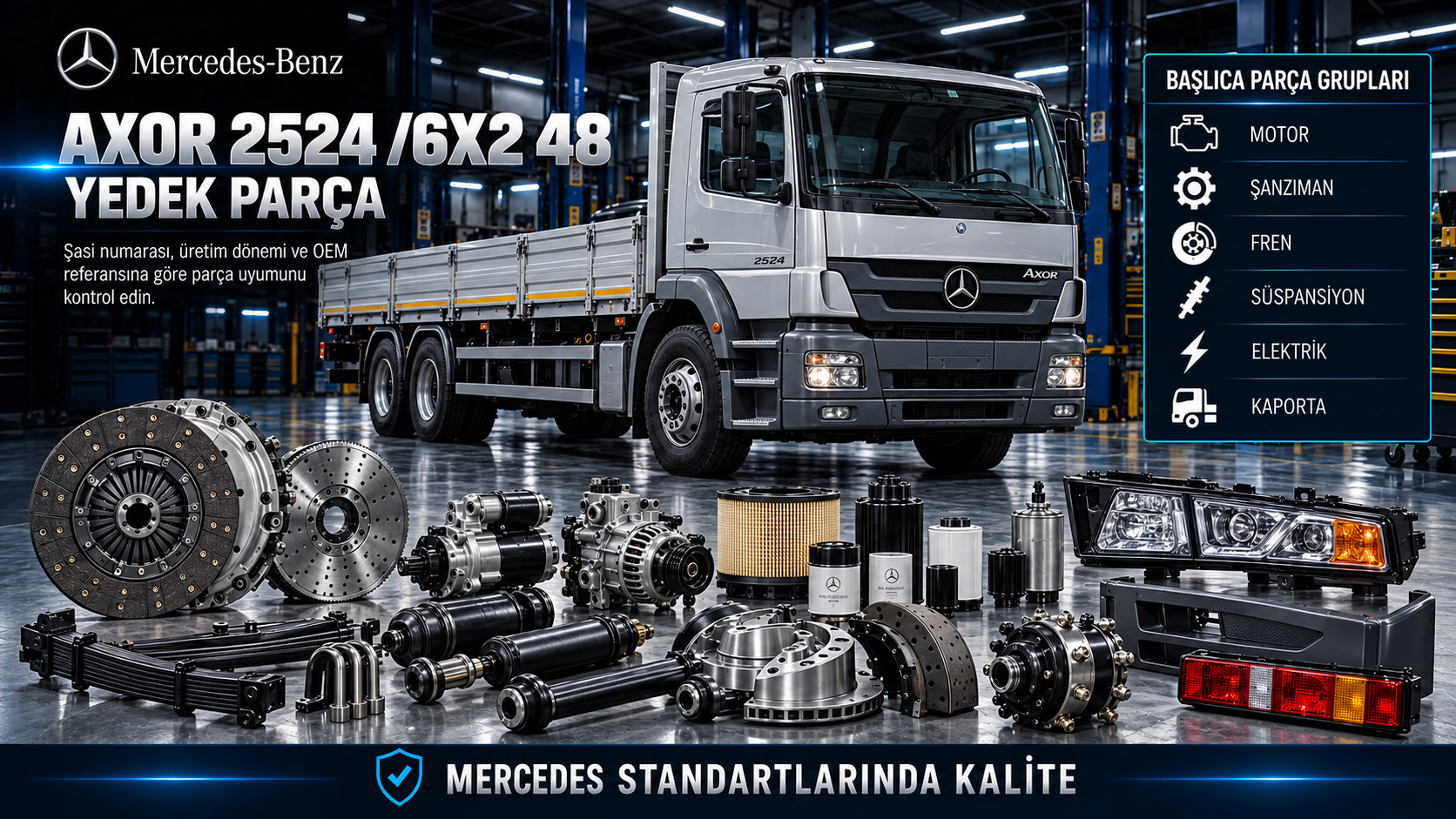 Mercedes Axor 2524 6x2 48 motor, şanzıman, aks, hava fren, süspansiyon ve kabin parçaları