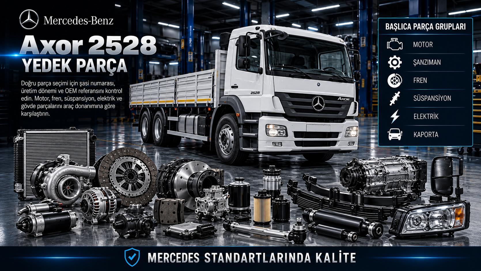 Mercedes Axor 2528 motor, debriyaj, kardan, havalı fren ve kabin parçaları
