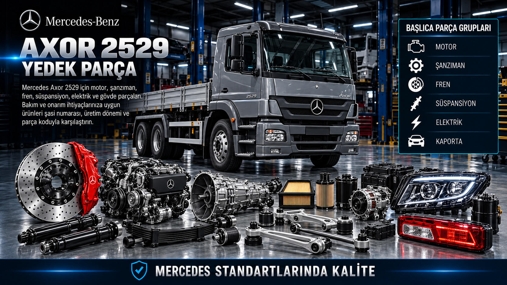 Mercedes Axor 2529 motor, aktarma, hava freni ve yürüyen aksam yedek parçaları
