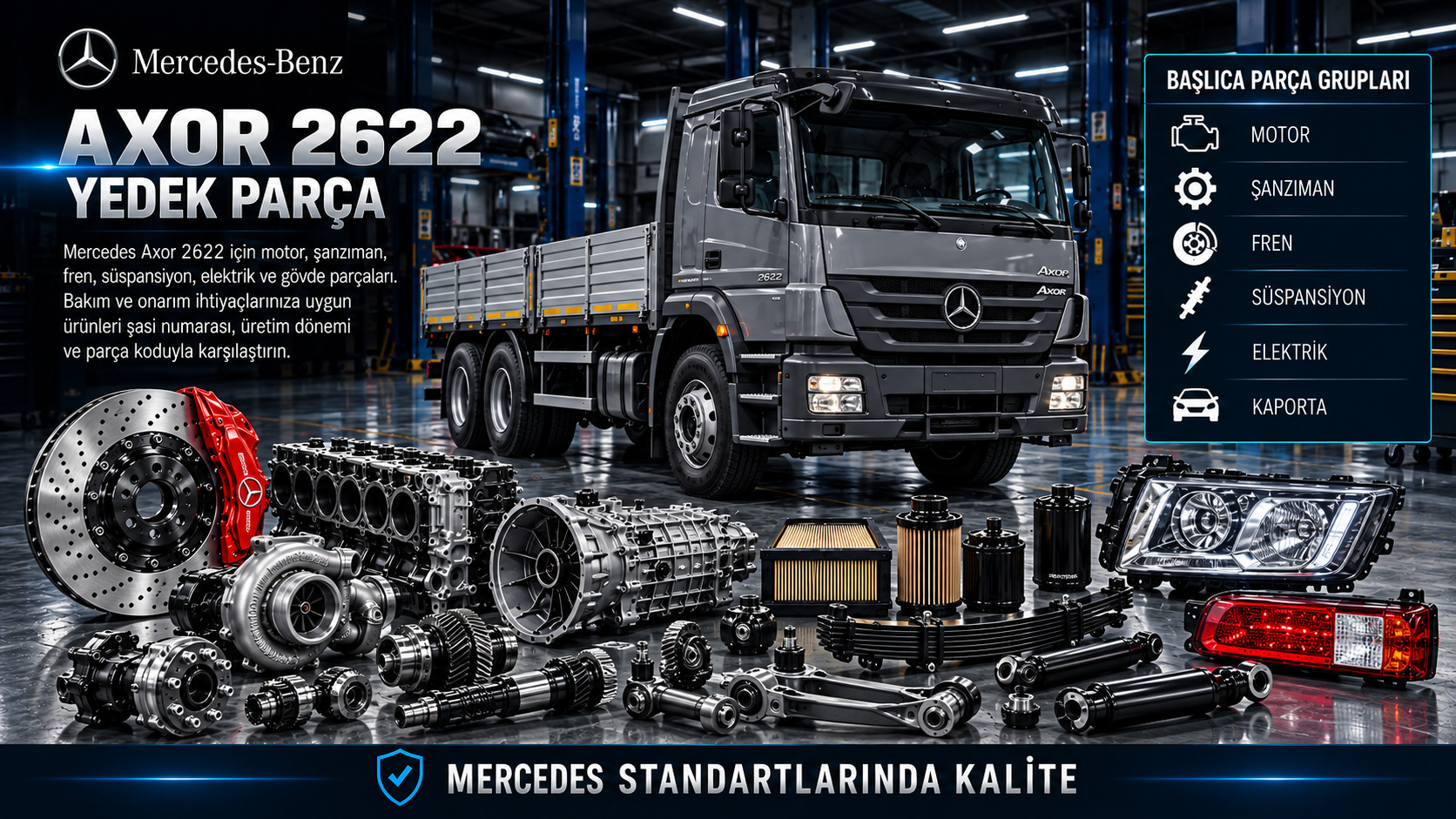 Mercedes Axor 2622 ağır ticari araç motor, hava freni, aks ve kabin parçaları