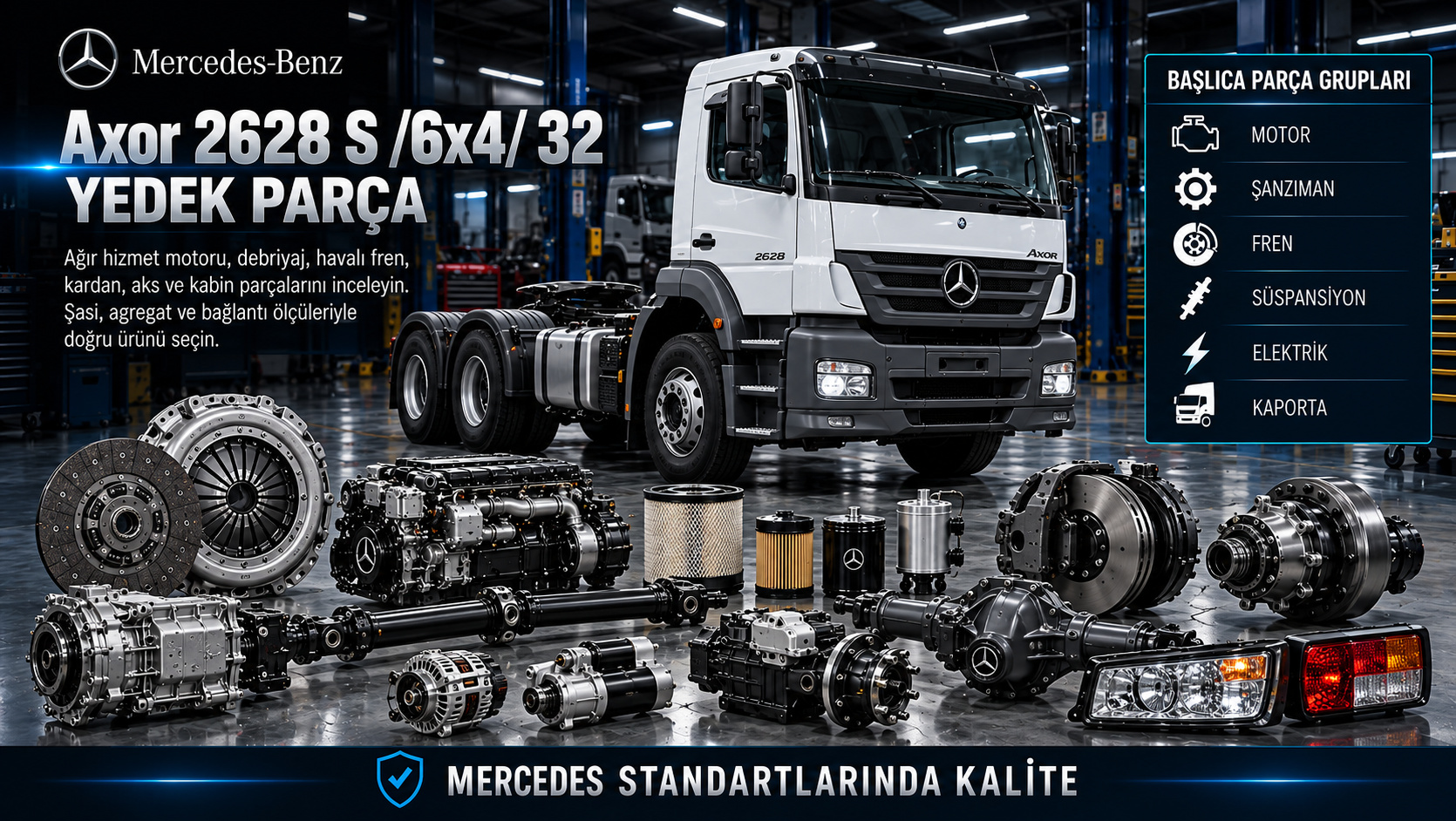 Mercedes Axor 2628 S 6x4 32 motor, debriyaj, kardan, aks, havalı fren ve kabin parçaları