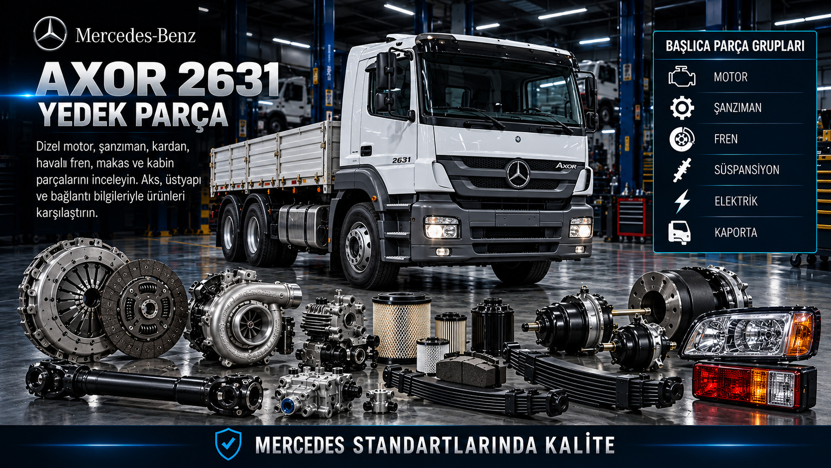 Mercedes Axor 2631 dizel motor, şanzıman, kardan, havalı fren, makas ve kabin parçaları