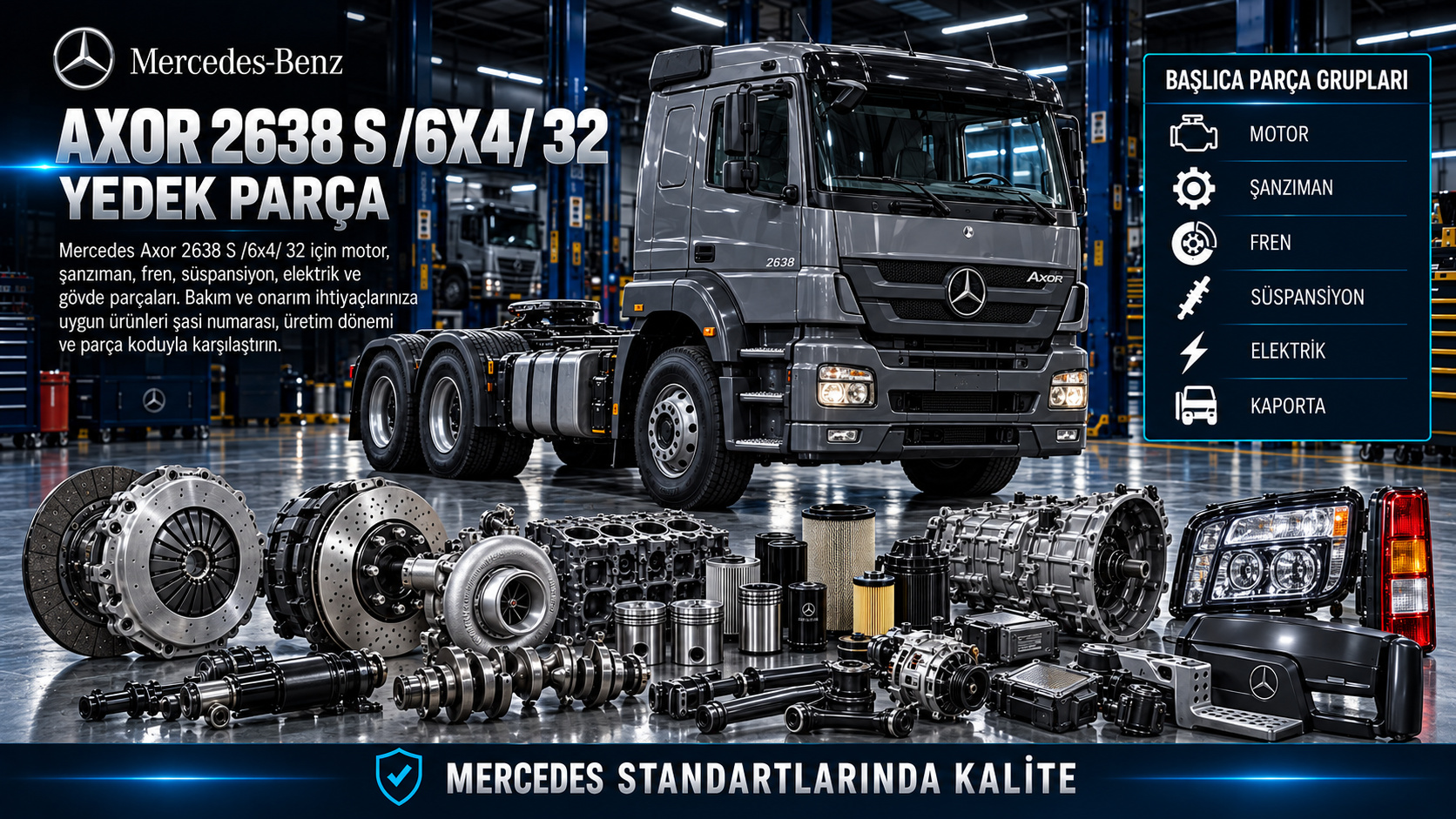 Mercedes Axor 2638 S 6x4 32 çekici motor, aktarma, fren ve aks parçaları