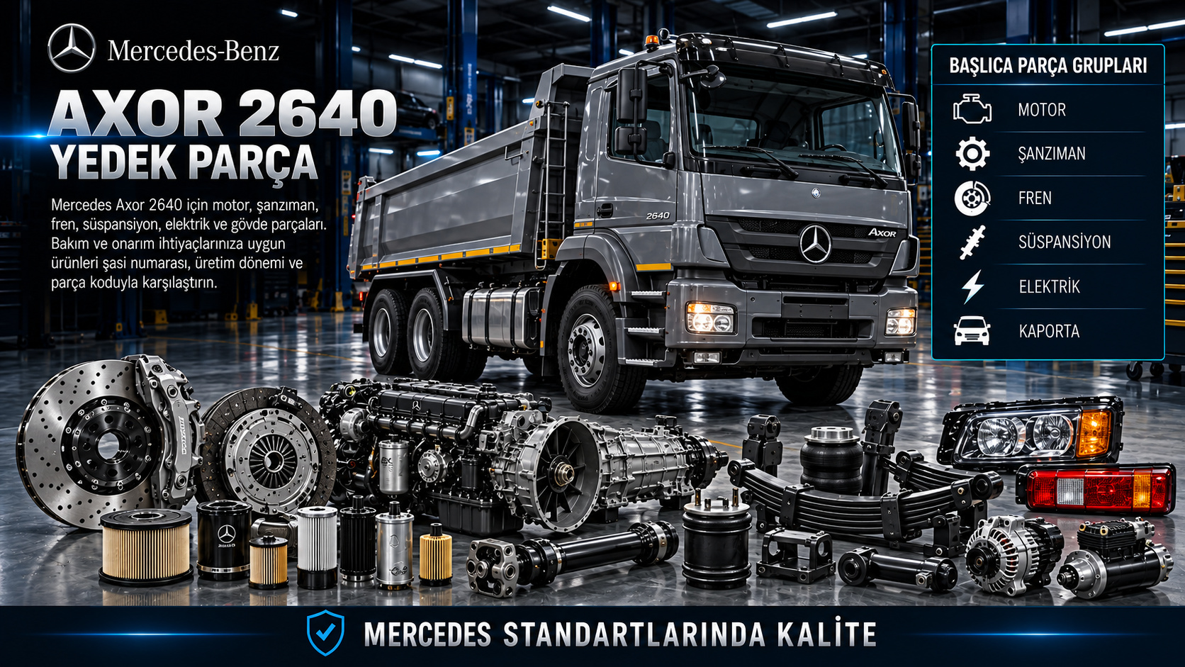 Mercedes Axor 2640 motor, debriyaj, aktarma, hava freni, aks ve kabin parçaları