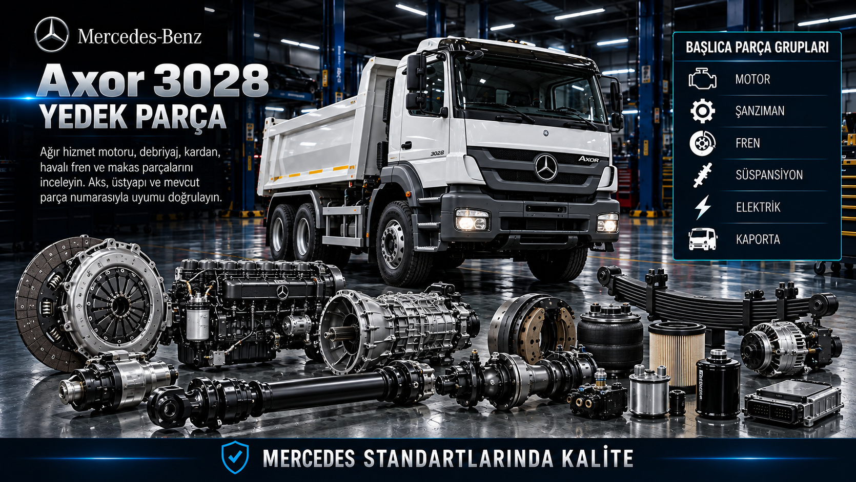 Mercedes Axor 3028 Yedek Parça: motor, aktarma, fren, süspansiyon ve gövde parçaları