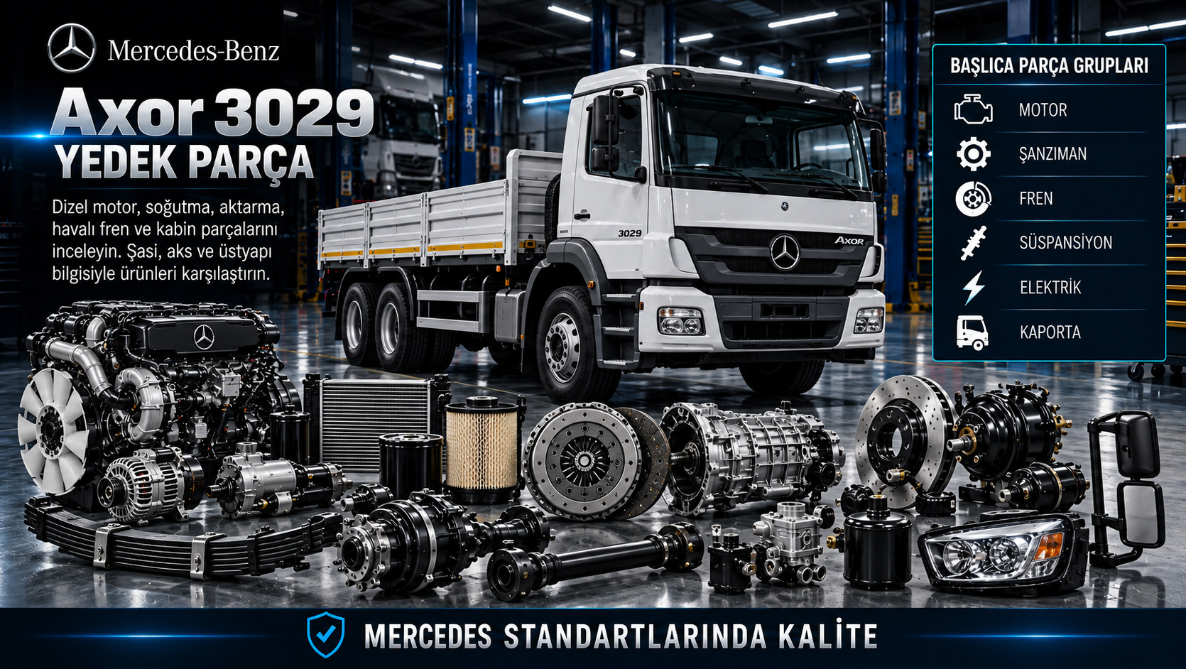 Mercedes Axor 3029 Yedek Parça: motor, aktarma, fren, süspansiyon ve gövde parçaları