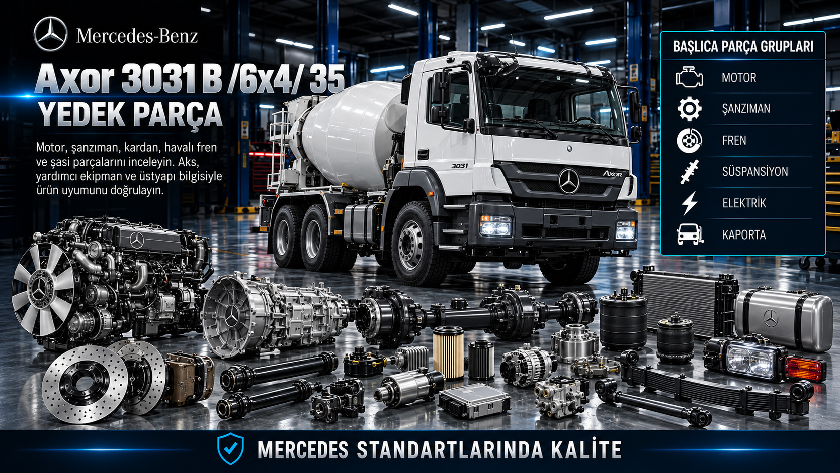 Mercedes Axor 3031 B /6x4/ 35 Yedek Parça: motor, aktarma, fren, süspansiyon ve gövde parçaları