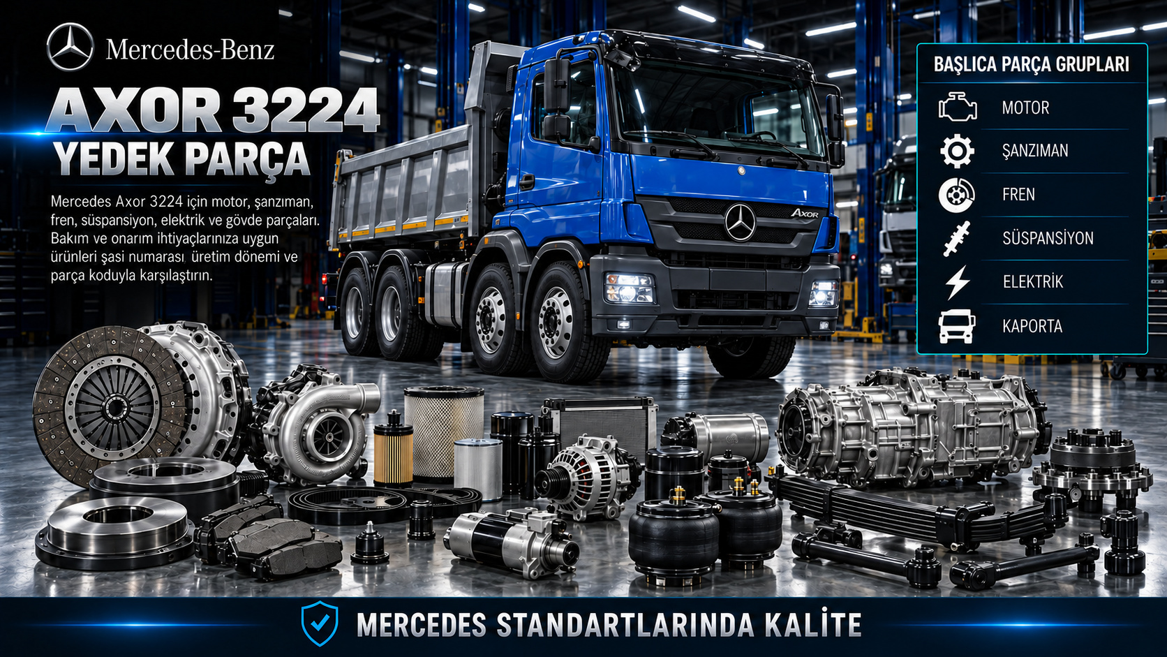 Mercedes Axor 3224 kamyon için motor, hava fren, aktarma ve şasi parçaları