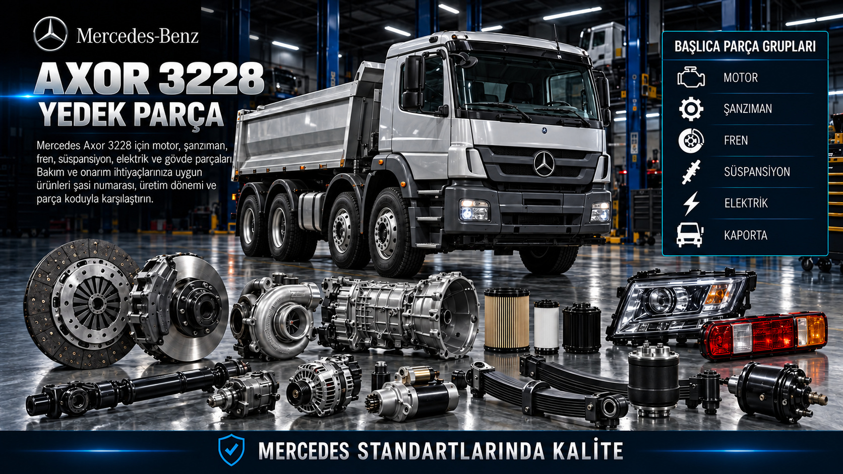 Mercedes Axor 3228 motor, soğutma, fren, şasi ve kabin parçaları